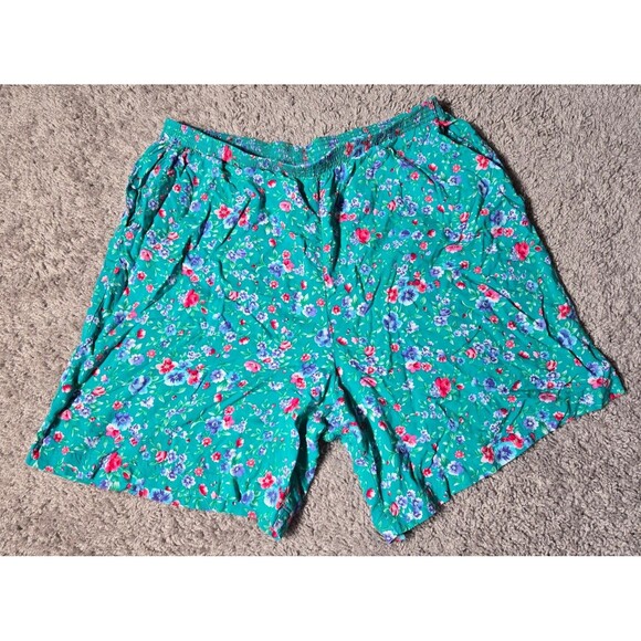 Bobbie Brooks Pants - Vtg Bobbie Brooks Casual Pull on Shorts Floral Teal Pink 7" inseam Womens XL